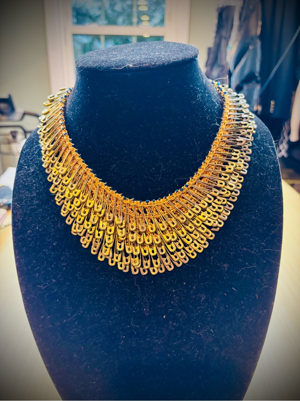 VTG Brass Safety Pin Knit Collar Bib Necklace Goth Punk Grunge Statement